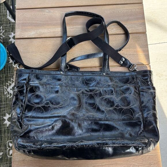 Coach Signature stitched Black patient leather diaper Bag purse laptop carrier - Picture 12 of 16